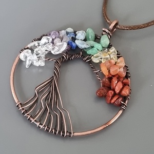 Vörösréz életfa medál a 7 csakra ásványaival,  nyár, napsárga, ékszer, ajándék, nőnek - ékszer - nyaklánc - medálos nyaklánc - Meska.hu