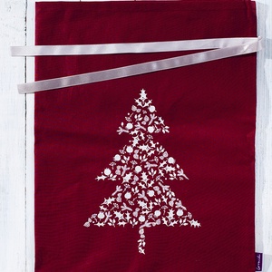 Ajándékcsomagoló zsák nagy, bordó pamutvászon, fenyőfa mintával a papírmentes karácsonyért,  zero waste, környezetbarát - karácsony - Meska.hu