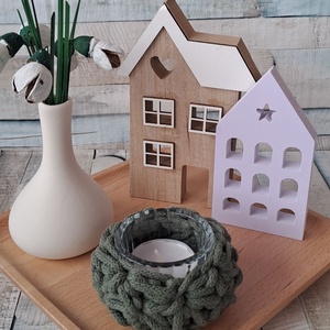 Hóvirágos asztali dekoráció, mécsestartóval, házikóval - Meska.hu