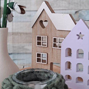 Hóvirágos asztali dekoráció, mécsestartóval, házikóval - otthon & életmód - dekoráció - asztal és polc dekoráció - asztaldísz - Meska.hu