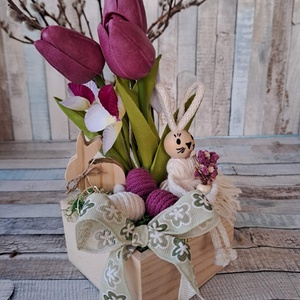 Húsvéti asztali dísz fa kaspóban, nyuszival, tojással, tulipánnal - ünnepi díszek, dekorációk - húsvéti díszek és dekorációk - húsvéti asztaldíszek - Meska.hu