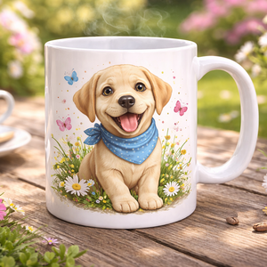 Kutyás bögre – Vidám Labrador kiskutya virágok között, Otthon & Életmód, Konyhafelszerelés, tálalás, Tálalás, Bögre & Csésze, Gravírozás, pirográfia, Dobd fel a reggeleket ezzel a bájos, mosolygós Labrador retriever kiskutyát ábrázoló kerámia bögrév..., MESKA