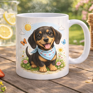 Kutyás bögre � Vidám Tacskó kiskutya virágok között, Otthon & Életmód, Konyhafelszerelés, tálalás, Tálalás, Bögre & Csésze, Gravírozás, pirográfia, MESKA