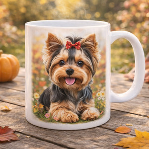 Kutyás bögre � Vidám Yorki kiskutya virágok között, Otthon & Életmód, Konyhafelszerelés, tálalás, Tálalás, Bögre & Csésze, Gravírozás, pirográfia, MESKA