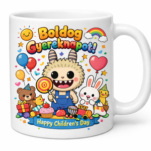 Boldog Gyereknapot feliratú, aranyos szörnyecskés kerámia bögre, Otthon & Életmód, Konyhafelszerelés, tálalás, Tálalás, Bögre & Csésze, Gravírozás, pirográfia, MESKA