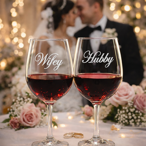 Páros Gravírozott pohár Hubby és Wifey felirattal, Otthon & Életmód, Konyhafelszerelés, tálalás, Tálalás, Boros poharak, szettek, Gravírozás, pirográfia, MESKA