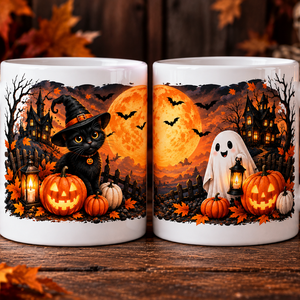 Halloween kerámiabögre � körbefutó mintával, fekete cicával és szellemmel - Meska.hu