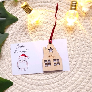 Karácsonyfadísz - kártyával, házikó minta, Karácsony, Karácsonyi lakásdekoráció, Karácsonyfadíszek, Gravírozás, pirográfia, MESKA