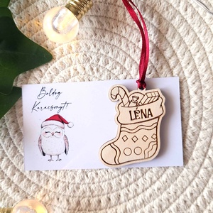 Karácsonyfadísz kísérőkártyával - csizma, Karácsony, Karácsonyi lakásdekoráció, Karácsonyfadíszek, Gravírozás, pirográfia, MESKA