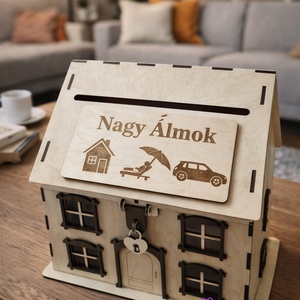 Pénzgyüjtő házikó, Otthon & Életmód, Dekoráció, Asztal és polc dekoráció, Persely, Gravírozás, pirográfia, MESKA