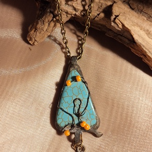 Antik hatású nyaklánc türkiz medállal csillagos függővel, Ékszer, Nyaklánc, Medálos nyaklánc, Ékszerkészítés, Fémmegmunkálás, MESKA