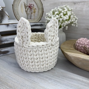 Horgolt húsvéti, nyuszifüles tojásgyűjtő kosár - otthon & életmód - tárolás & rendszerezés - tárolókosár - Meska.hu