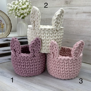 Horgolt húsvéti, nyuszifüles tojásgyűjtő kosár - otthon & életmód - tárolás & rendszerezés - tárolókosár - Meska.hu