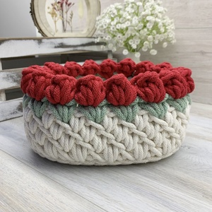 3D tulipános horgolt tároló kosár - nagy - otthon & életmód - tárolás & rendszerezés - tárolókosár - Meska.hu