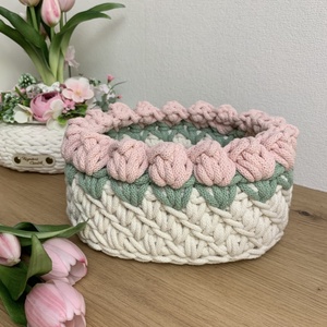 3D tulipános horgolt tároló kosár - nagy, Otthon & Életmód, Tárolás & Rendszerezés, Tárolókosár, Horgolás, MESKA