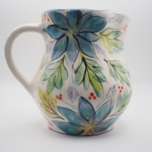 Korongozott, kék virágmintával díszített kerámia kancsó kékeszöld levelekkel, Otthon & Életmód, Dekoráció, Asztal és polc dekoráció, Dekorációs tál, tartó, , MESKA