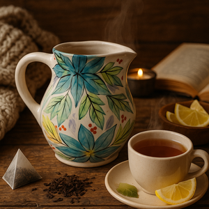 Korongozott, kék virágmintával díszített kerámia kancsó kékeszöld levelekkel - otthon & életmód - dekoráció - asztal és polc dekoráció - dekorációs tál, tartó - Meska.hu