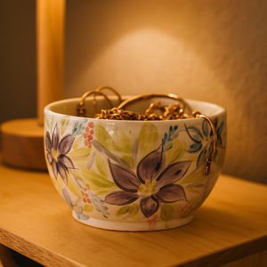 Korongozott, lila virágmintával díszített kerámia tál  - otthon & életmód - dekoráció - asztal és polc dekoráció - dekorációs tál, tartó - Meska.hu