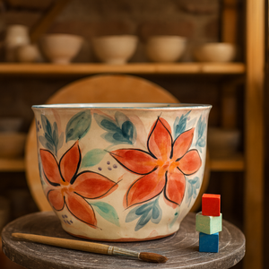 Korongozott, piros virágmintával díszített kerámia tál kék levelekkel - otthon & életmód - dekoráció - asztal és polc dekoráció - dekorációs tál, tartó - Meska.hu