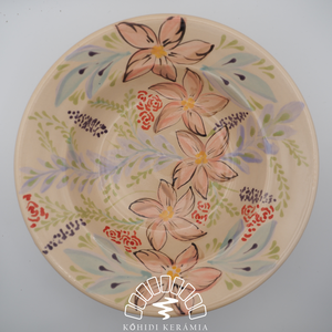 Kézzel készült kerámia mélytányér � rózsíszínű virágmintával, Otthon & Életmód, Konyhafelszerelés, tálalás, Tálalás, Tányér- és poháralátét, Agyagozás, MESKA