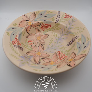 Kézzel készült kerámia mélytányér � rózsíszínű virágmintával - otthon & életmód - konyhafelszerelés, tálalás - tálalás - tányér- és poháralátét - Meska.hu