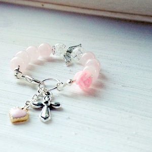Keresztelő ékszer - rózsakvarc, hegyikristály - ékszer - karkötő - charm karkötő - Meska.hu