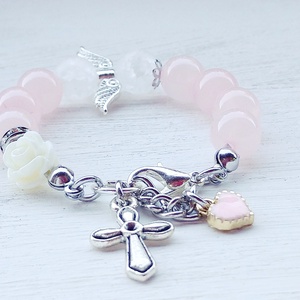Keresztelő ékszer - rózsakvarc, hegyikristály - ékszer - karkötő - charm karkötő - Meska.hu