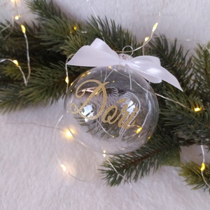 Kiárusítás, Átlátszó üveggömb arany csillámos felirattal, 8 cm - karácsony - karácsonyi lakásdekoráció - karácsonyfadíszek - Meska.hu