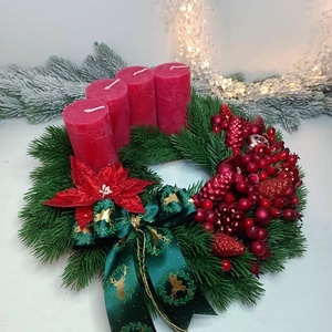 Piros-zöld, bogyós adventi koszorú - Meska.hu