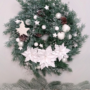 Fehér csillámos mikulásvirágos ajtókopogtató, Karácsony, Adventi díszek, Adventi ajtódísz, , MESKA