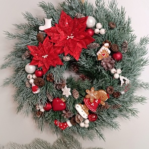 Piros csillámos mikulásvirágos ajtókopogtató, Karácsony, Adventi díszek, Adventi ajtódísz, , MESKA