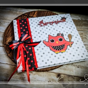 Baglyos receptfüzet kiegészítőkkel (piros-fekete-fehér) - Meska.hu