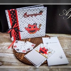 Baglyos receptfüzet kiegészítőkkel (piros-fekete-fehér) - otthon & életmód - konyhafelszerelés, tálalás - sütés, főzés - receptfüzet - Meska.hu