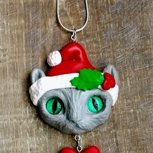 Karácsonyi cicás nyaklánc, Ékszer, Nyaklánc, Hosszú nyaklánc, Ékszerkészítés, Gyurma, MESKA