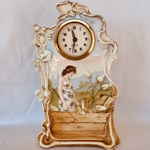 Antik mechanikus porcelán asztali óra (19001910 körüli)., Otthon & Életmód, Dekoráció, Fali és függő dekoráció, Falióra & óra, , MESKA