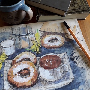 Fánk és cappuccino, 2022 - művészet - festmény - festmény vegyes technika - Meska.hu