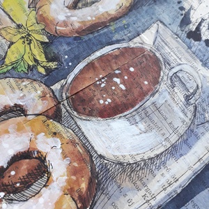 Fánk és cappuccino, 2022 - művészet - festmény - festmény vegyes technika - Meska.hu