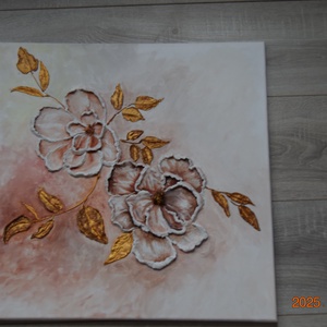 Virágok arany levelekkel 50X50 - művészet - festmény - festmény vegyes technika - Meska.hu