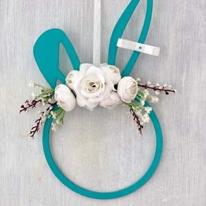 Türkiz nyuszifej ajtódísz , Ünnepi díszek, dekorációk, Húsvéti díszek és dekorációk, Húsvéti ajtódísz, kopogtató, Virágkötés, MESKA