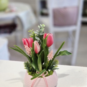 Rózsaszín tálas tulipános tavaszi asztaldísz , Otthon & Életmód, Dekoráció, Asztal és polc dekoráció, Asztaldísz, Virágkötés, MESKA