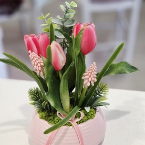 Rózsaszín tálas tulipános tavaszi asztaldísz  - otthon & életmód - dekoráció - asztal és polc dekoráció - asztaldísz - Meska.hu