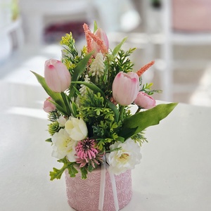 Rózsaszín kaspós tulipános tavaszi asztaldísz , Otthon & Életmód, Dekoráció, Asztal és polc dekoráció, Asztaldísz, , MESKA