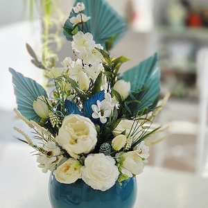 Óriás türkiz kaspós tulipános tavaszi asztaldísz, Otthon & Életmód, Dekoráció, Asztal és polc dekoráció, Asztaldísz, Virágkötés, MESKA