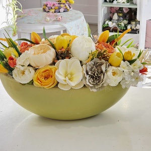 Óriás zöld csónak tulipános tavaszi asztaldísz  - Meska.hu