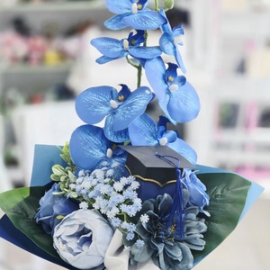 Kék orchideás ballagási csokor kalappal, ballagási szalaggal - Meska.hu