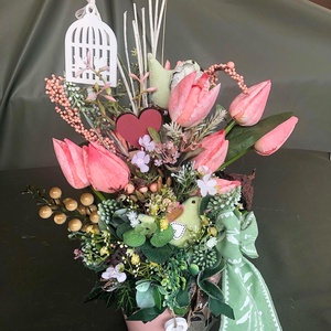 asztaldísz tulipáncsokorral es textil madarakkal tavaszra (is), Otthon & Lakás, Dekoráció, Asztal és polc dekoráció, Asztaldísz, , Meska