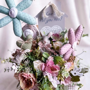 asztaldísz textil virágokkal tavasz/nyár - otthon & lakás - dekoráció - asztal és polc dekoráció - asztaldísz - Meska.hu