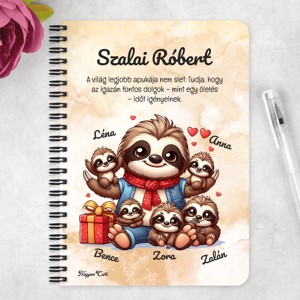 Személyre szabható - Cuki lajhár Apa és öt gyerek mintás A5-ös füzet - otthon & életmód - papír, írószer - jegyzetfüzet & napló - Meska.hu