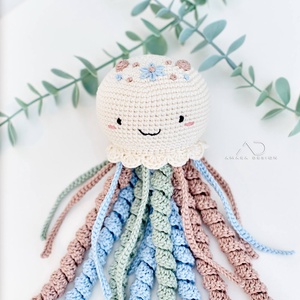 Horgolt NAGY krém polip virághímzéssel - rágókaként és csörgővel is kérhető (feláras), Játék & Sport, Plüssállat & Játékfigura, Polip, medúza, Horgolás, Hímzés, MESKA