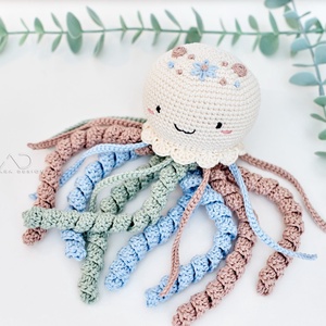 Horgolt NAGY krém polip virághímzéssel - rágókaként és csörgővel is kérhető (feláras) - játék & sport - plüssállat & játékfigura - polip, medúza - Meska.hu